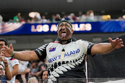 A fan of New Zealand performs a haka ahead of the World Cup Group G soccer match between Iran and New Zealand in Inglewood, Calif., near Los Angeles, Monday, June 15, 2026.