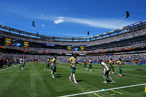 Senegal players warm up before the start of the World Cup Group I soccer match between France and Senegal in East Rutherford, N.J., near New York, Tuesday, June 16, 2026.