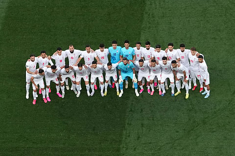 Iran players pose before the World Cup Group G soccer match between Iran and New Zealand in Inglewood, Calif., near Los Angeles, Monday, June 15, 2026.