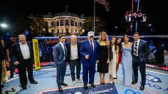 President Donald Trump, first lady Melania Trump, UFC President and CEO Dana White and other guests pose inside the octagon after UFC Freedom 250 on the South Lawn of the White House, Monday, June 15, 2026, in Washington. - (Evan Vucci/Pool Photo via AP)