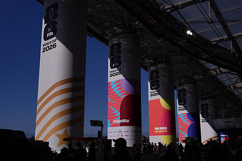 Signage inside the stadium before the World Cup Group G soccer match between Iran and New Zealand in Inglewood, Calif., near Los Angeles, Monday, June 15, 2026.
