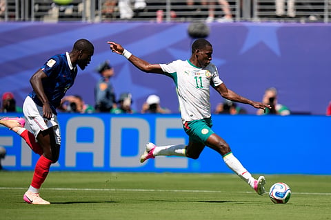 Senegal's Nicolas Jackson (11) attempts to score during the World Cup Group I soccer match between France and Senegal in East Rutherford, N.J., near New York, Tuesday, June 16, 2026.