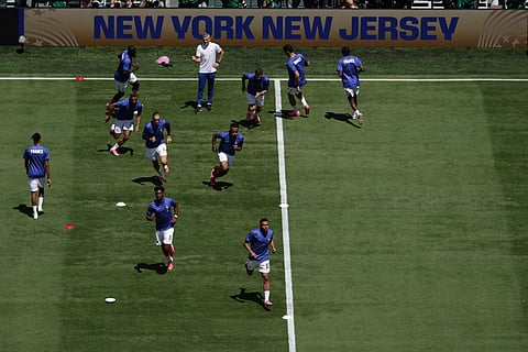 French players warm up for the World Cup Group I soccer match between France and Senegal in East Rutherford, N.J., near New York, Tuesday, June 16, 2026.