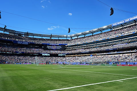 The pitch gets watered at halftime during the World Cup Group I soccer match between France and Senegal in East Rutherford, N.J., near New York, Tuesday, June 16, 2026.
