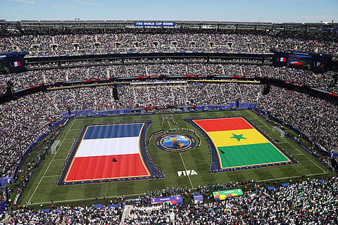 Players stand for the National Anthem during the World Cup Group I soccer match between France and Senegal in East Rutherford, N.J., near New York, Tuesday, June 16, 2026.