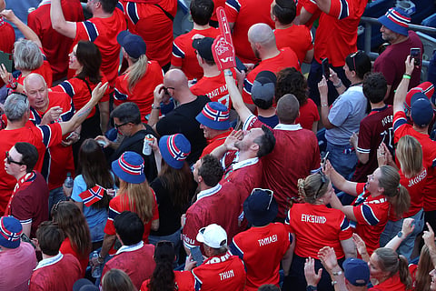 Norway fans cheer before the World Cup Group I soccer match between Iraq and Norway in Foxborough, Mass., near Boston, Tuesday, June 16, 2026.