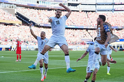 Iraq's Aymen Hussein (18), celebrates scoring his side's first goal during the World Cup Group I soccer match between Iraq and Norway in Foxborough, Mass., near Boston, Tuesday, June 16, 2026.