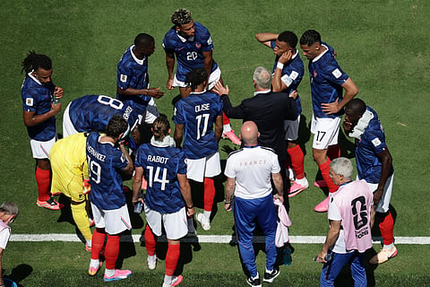 French players take a water break during the World Cup Group I soccer match between France and Senegal in East Rutherford, N.J., near New York, Tuesday, June 16, 2026.