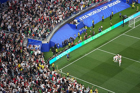 General view as Iran's Mohammad Mohebbi (8) celebrates scoring their second goal during the World Cup Group G soccer match between Iran and New Zealand in Inglewood, Calif., near Los Angeles, Monday, June 15, 2026.