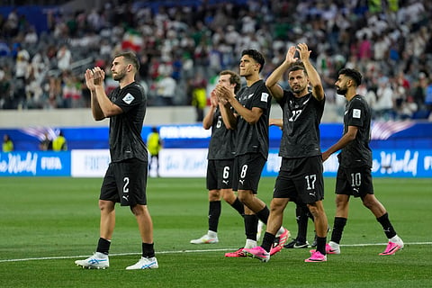 New Zealand players react after the World Cup Group G soccer match between Iran and New Zealand in Inglewood, Calif., near Los Angeles, Monday, June 15, 2026.