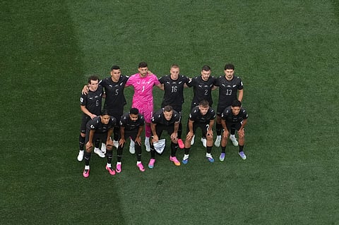 New Zealand starting eleven pose before the World Cup Group G soccer match between Iran and New Zealand in Inglewood, Calif., near Los Angeles, Monday, June 15, 2026.