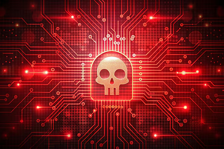 Glowing skull icon on a red circuit board backdrop