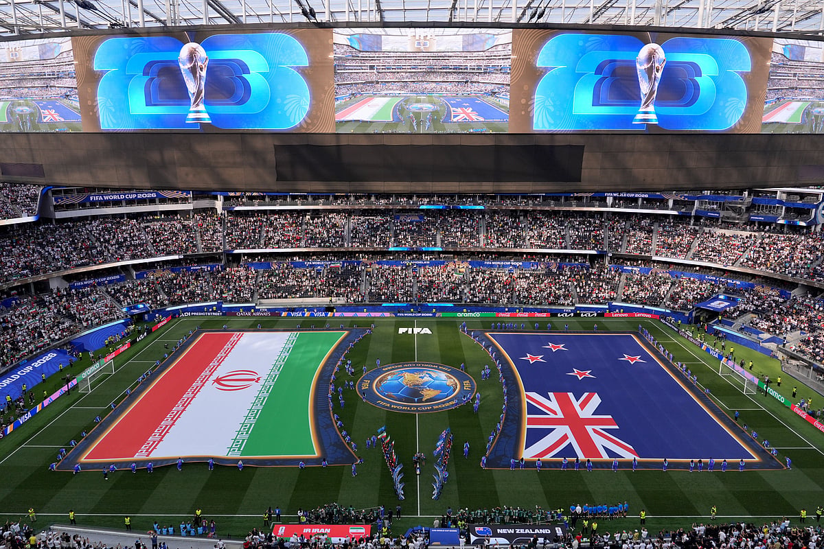 General view during the pregame ceremony before the World Cup Group G soccer match between Iran and New Zealand in Inglewood, Calif., near Los Angeles, Monday, June 15, 2026. - AP Photo/Jae C. Hong