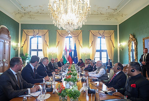 Prime Minister Narendra Modi during a bilateral meeting with Slovakia President Peter Pellegrini, in Slovakia. EAM S Jaishankar, National Security Advisor Ajit Doval and others are also seen. 