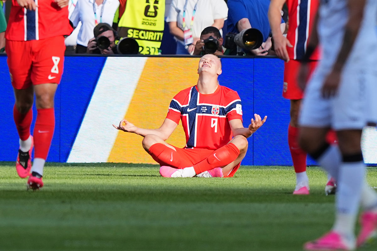 Norway's Erling Haaland celebrates scoring his side's opening goal during the World Cup Group I soccer match between Iraq and Norway in Foxborough, Mass., near Boston, Tuesday, June 16, 2026. - AP Photo/Martin Meissner