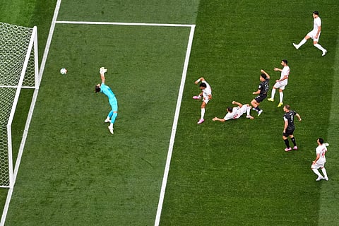 New Zealand's Elijah Just (11), center, scores their opening goal during the World Cup Group G soccer match between Iran and New Zealand in Inglewood, Calif., near Los Angeles, Monday, June 15, 2026.