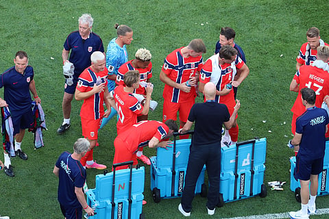 Norway takes a hydration break during the World Cup Group I soccer match between Iraq and Norway in Foxborough, Mass., near Boston, Tuesday, June 16, 2026.