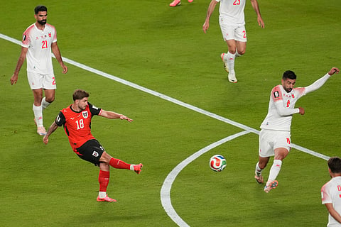 Austria's Romano Schmid scores his side's opening goal against Jordan during the World Cup Group J soccer match in Santa Clara, Calif., near San Francisco, Tuesday, June 16, 2026.