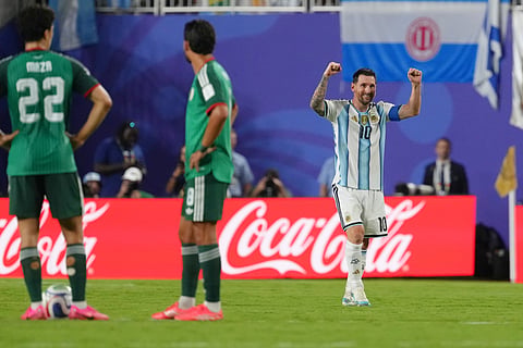 Argentina's Lionel Messi (10) celebrates after scoring his third goal during the World Cup Group J soccer match between Argentina and Algeria in Kansas City, Mo., Tuesday, June 16, 2026.