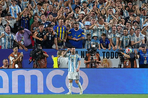 Argentina's Lionel Messi (10) celebrates after scoring his second goal during the World Cup Group J soccer match between Argentina and Algeria in Kansas City, Mo., Tuesday, June 16, 2026.