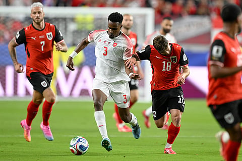 Jordan's Abdallah Nasib (3) challenges for the ball with Austria's Romano Schmid (18) during the World Cup Group J soccer match between Austria and Jordan in Santa Clara, Calif., near San Francisco, Tuesday, June 16, 2026.