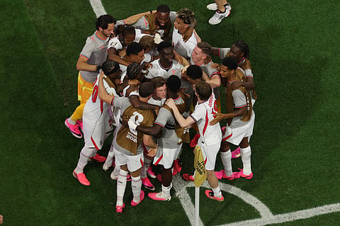 England players celebrate after scoring the fourth goal during the World Cup Group L soccer match between England and Croatia in Arlington, Texas, near Dallas