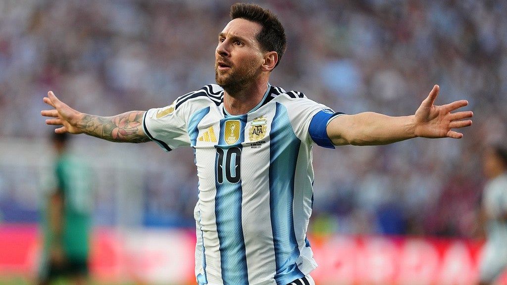 Argentina's Lionel Messi (10) celebrates after scoring the opening goal during the World Cup Group J soccer match between Argentina and Algeria in Kansas City, Mo., Tuesday, June 16, 2026.  - AP Photo/Ed Zurga