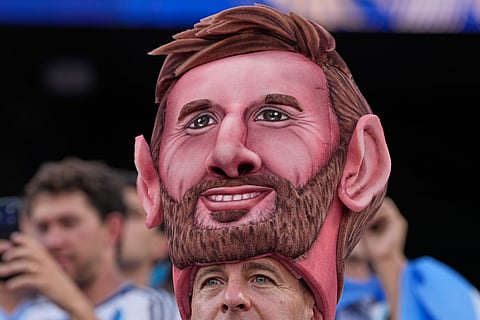 Argentinian fans react ahead of the World Cup Group J soccer match between Argentina and Algeria in Kansas City, Mo., Tuesday, June 16, 2026.