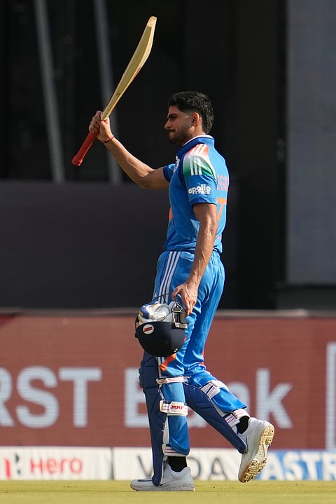 India's captain Shubman Gill acknowledge the fans as he walks back to pavilion after loosing his wicket during the second ODI cricket match between India and Afghanistan in Lucknow.