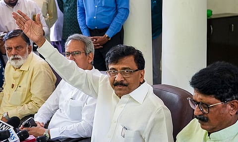 Shiv Sena (UBT) MP Sanjay Raut addresses a press conference, in New Delhi.