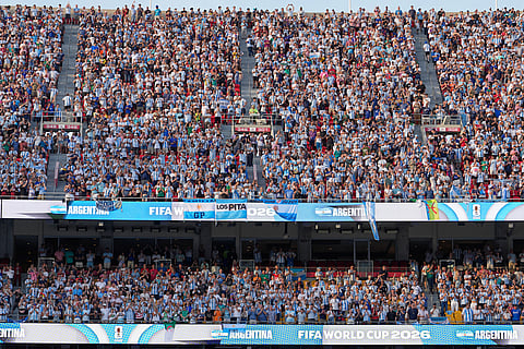 Argentina supporters react during the World Cup Group J soccer match between Argentina and Algeria in Kansas City, Mo., Tuesday, June 16, 2026.
