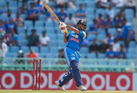 India's Ishan Kishan hits a six during the second ODI cricket match between India and Afghanistan in Lucknow.