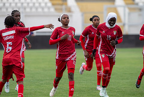 Sudan's U-17 women's national team warms up before a soccer match against Comoros, during qualifiers for the 2028 Los Angeles Summer Olympics, in Casablanca, Morocco.