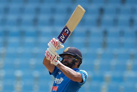 India's Rohit Sharma plays a shot during the second ODI cricket match between India and Afghanistan in Lucknow.