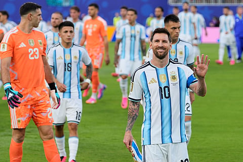Argentina's Lionel Messi gestures ahead of the World Cup Group J soccer match between Argentina and Algeria in Kansas City, Mo., Tuesday, June 16, 2026.