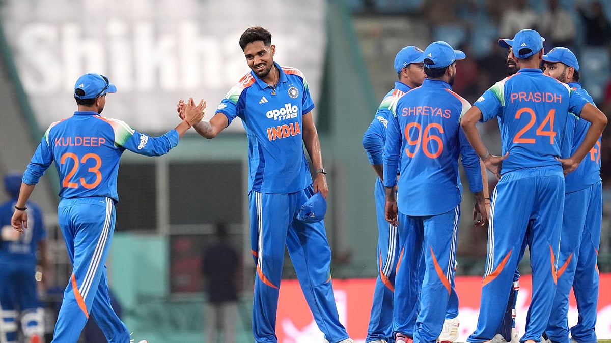 Indian cricketers celebrate after taking a wicket in the IND vs AFG 2nd ODI 2026.  - AP Photo