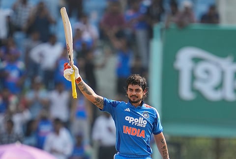 India's Ishan Kishan celebrates his century during the second ODI cricket match between India and Afghanistan in Lucknow.