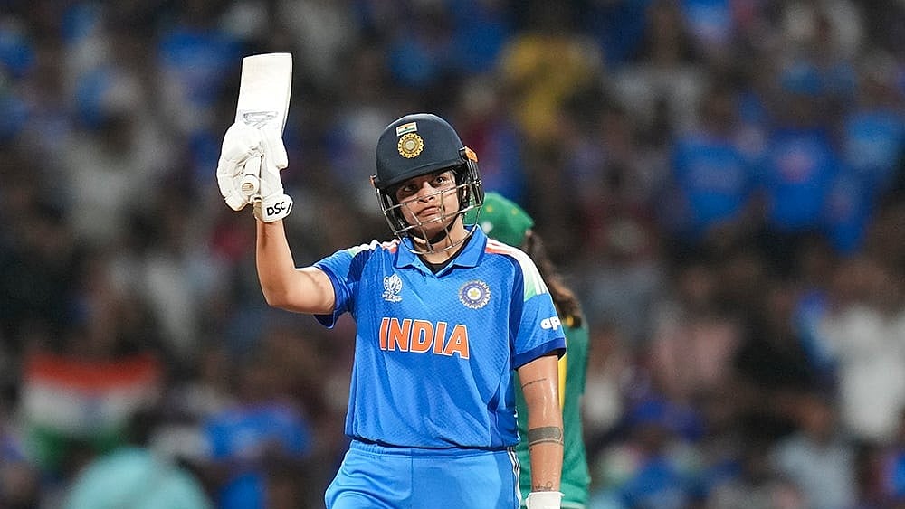 India's Shafali Verma celebrates her half century during the ICC Women's World Cup final ODI cricket match between India Women and South Africa Women, at the DY Patil Stadium, in Navi Mumbai, Sunday, Nov. 2, 2025.  - | Photo: PTI/Kunal Patil