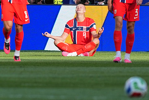 Norway's Erling Haaland celebrates scoring his side's opening goal during the World Cup Group I soccer match between Iraq and Norway in Foxborough, Mass., near Boston.