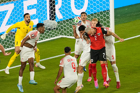 Jordan's Yazan Alarab, right, scores on his own goal during the World Cup Group J soccer match against Austria in Santa Clara, Calif., near San Francisco, Tuesday, June 16, 2026.