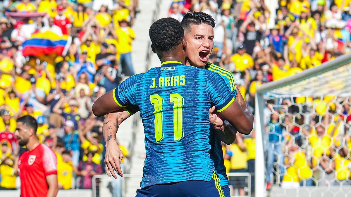 James Rodriguez celebrating with Colombia teammates during International Friendly match ahead of FIFA World Cup 2026.  - FCFSeleccionCol/X