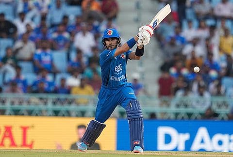 Afghanistan's Rahmanullah Gurbaz plays a shot during the second ODI cricket match between India and Afghanistan in Lucknow.