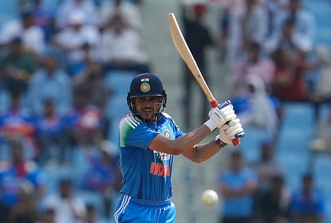India's captain Shubman Gill hits a boundary during the second ODI cricket match between India and Afghanistan in Lucknow.