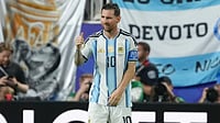 AP Photo/Ed Zurga : Argentina's Lionel Messi (10) reacts after scoring his third goal during the World Cup Group J soccer match between Argentina and Algeria in Kansas City, Mo., Tuesday, June 16, 2026.