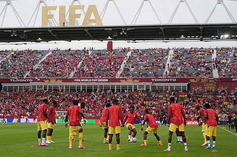 Ghana players warm up before the World Cup Group L soccer match against Panama in Toronto