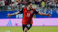 X/OFB : Romano Schmid scores a goal in the 21st minute to get Austria ahead at halftime against Jordan in FIFA World Cup 2026.