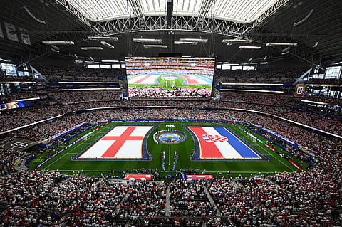 A general view of the stadium with the flags of England left and Croatia ahead the World Cup Group L soccer match between England and Croatia in Arlington, Texas, near Dallas