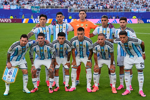 Argentina pose for a team photo ahead of the World Cup Group J soccer match between Argentina and Algeria in Kansas City, Mo., Tuesday, June 16, 2026.