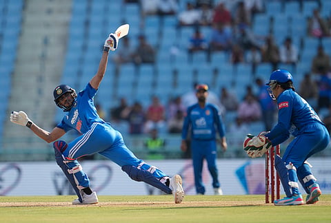 India's captain Shubman Gill tries to play a shot during the second ODI cricket match between India and Afghanistan in Lucknow.