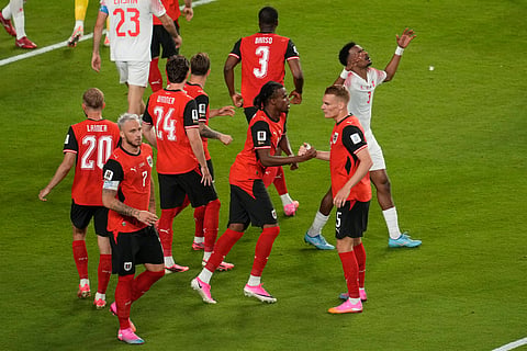 Austria players celebrate after Jordan's Yazan Alarab scored on his own goal during the World Cup Group J soccer match in Santa Clara, Calif., near San Francisco, Tuesday, June 16, 2026.